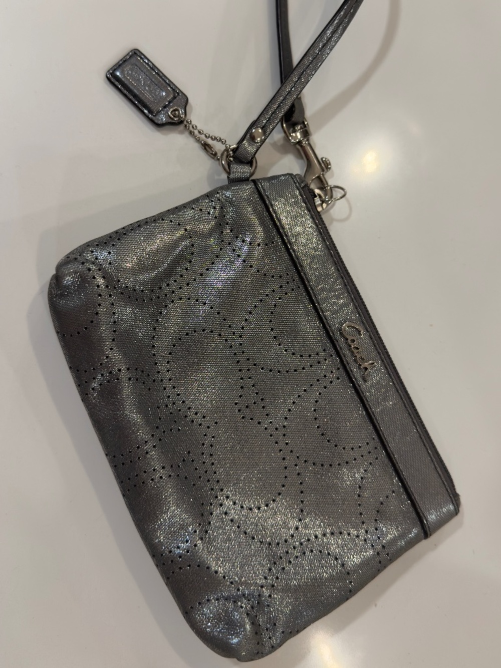 Coach Signature C Perforated Metallic Leather Wristlet Gunmetal Silver Hardware